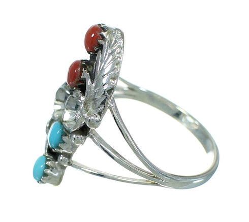 Coral And Turquoise Silver Southwest Flower Ring Size 7 AX81979